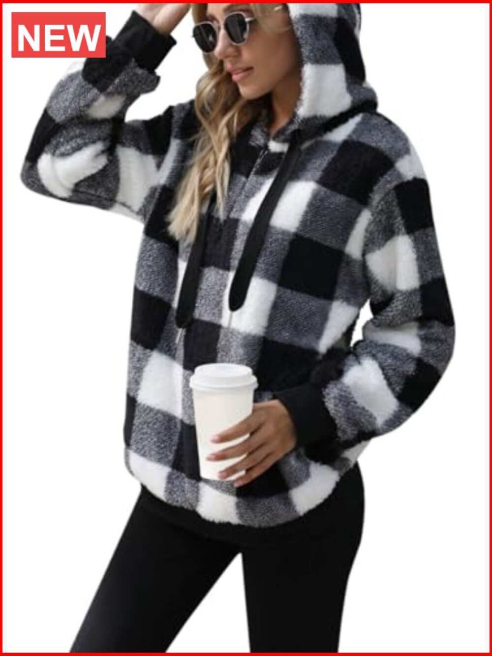 Women's Sherpa Pullover Oversized Fuzzy Hoodie Double Fleece Sweatshirt Plaid - Picture 2 of 6